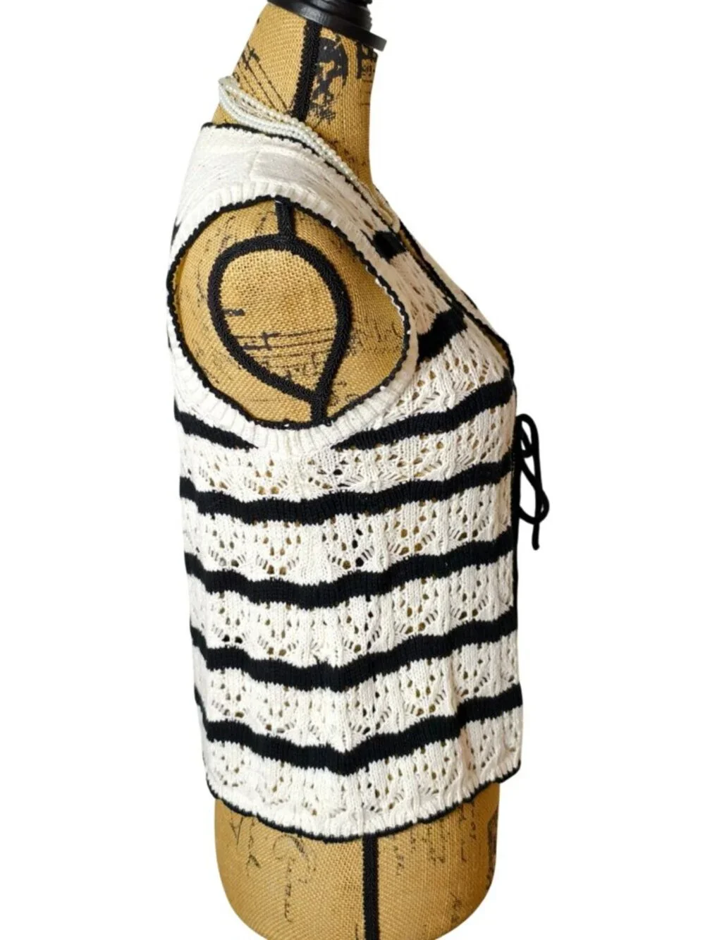 Womens L Sleeveless Sweater Cardigan Y2K Striped Black White Tie Preppy Coastal